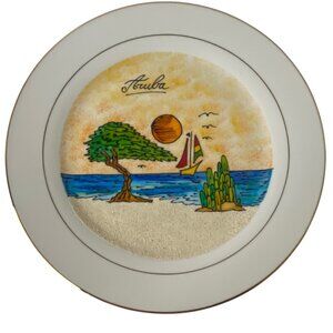 Hand-Painted Aruba Souvenir Plate Sand Painting Scenic Beach Sailboat Design 10"